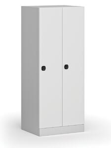 Šatníková skrinka znížená, 2 oddiely, 1500 x 600 x 500 mm, kódový zámok, laminované dvere, biela