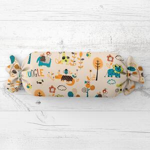 Biante Detský vankúš valec bonbon Sandra SA-008 Tyrkysové a oranžové zvieratká z džungle 15x40 cm