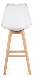 Barová stolička plast, sedák biela ekokoža/nohy masív prírodný buk