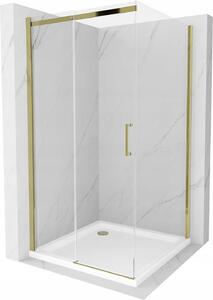 Mexen Omega, sprchovací kút s posuvnými dverami 100 (dvere) x 100 (stena) cm, 8mm číre sklo, zlatý profil + slim sprchová vanička 5cm, 825-100-100-50-00-4010