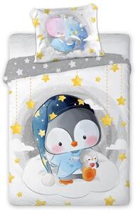 Bavlnená posteľná bielizeň pre deti s roztomilým tučniakom a hviezdičkami Biela