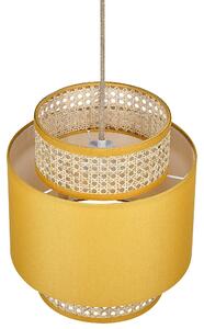 Závesná lampa prírodná ratanová žlté látkové tienidlo boho dizajn závesné svietidlo