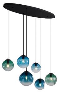 Art Deco závesná lampa čierna s oválnou stropnou doskou a zeleným a modrým sklom 6-svetiel - Douglass