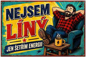 Plechová ceduľa Nejsem Líný - jen šetřim energii - Plechová tabuľa