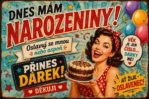 Plechová ceduľa Dnes mám narozeniny! Přines dárek! - Plechová tabuľa