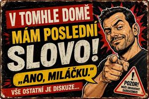 Plechová ceduľa V tomhle domě mám poslední slovo! Ano miláčku.- Plechová tabuľa