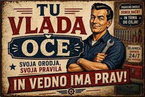 Plechová ceduľa Tu Vlada Oče - In vedno ima prav! - Plechová tabuľa