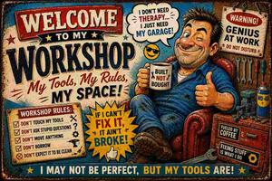 Plechová ceduľa Welcome to my Workshop - My space! - Plechová tabuľa