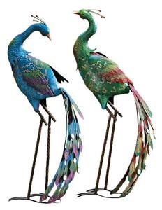 Záhradná kovová figúrka Peafowl Duo, 78 cm, zelená/modrá