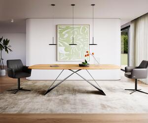 DELIFE Jedálenský stôl Edge oválny 240x120x2,5-3 cm dub prírodný podstava v tvare V plochá oceľ čierna švajčiarska hrana
