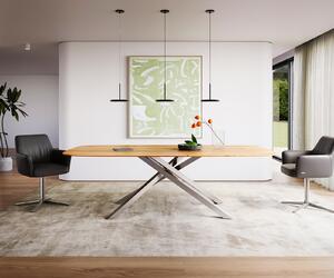 DELIFE Jedálenský stôl Edge zaoblený tvar 240x120x2,5-3 dub prírodný krížová podstava obdĺžnik nerezová oceľ švajčiarska hrana