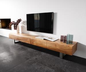 DELIFE TV stolík New Live-Edge 240 cm akácia prírodná 4 zásuvky tenká podstava nerezová oceľ kefovaná