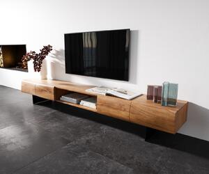 DELIFE TV stolík New Live-Edge 240 cm akácia prírodná 4 dvierka 1 priehradka závesná kov čierna