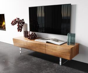 DELIFE TV stolík New Live-Edge 145 cm akácia prírodná 3 dvierka akrylová podstava