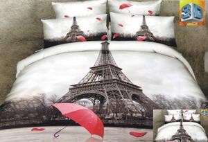 Bielo hnedé posteľné obliečky s motívom mesta Paríž a červeným dáždnikom 160 x 200 cm Biela