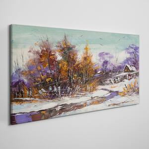 Obraz canvas Zimné sneh stromy Hut rieka