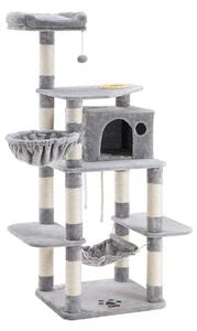 FEANDREA Škrabadlo pre mačky viacúrovňové, s miskou, stĺpy potiahnuté sisalom, 164 cm, svetlo šedé
