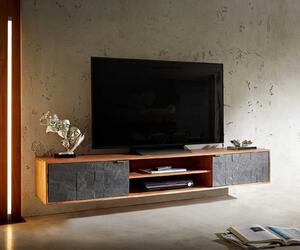 DELIFE TV stolík Teele 200 cm akácia prírodná bridlica 2 dvierka závesný