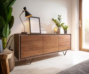DELIFE Komoda Stonegrace 175 cm akácia hnedá kamenná dyha 2 dvierka 3 zásuvky podstava v tvare V čierna