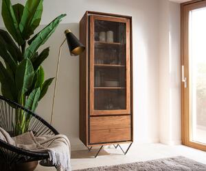 DELIFE Vitrína Stonegrace 55x180 cm akácia hnedá kamenná dyha 1 dvierka 2 zásuvky podstava v tvare V čierna
