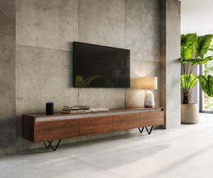 DELIFE TV stolík Stonegrace 240 cm akácia hnedá bridlica 4 dvierka podstava v tvare V čierna