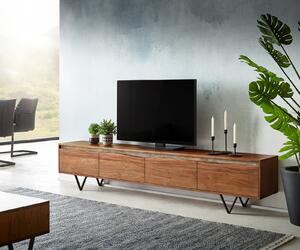 DELIFE TV stolík Stonegrace 220 cm akácia hnedá hrana 4 dvierka podstava v tvare V čierna