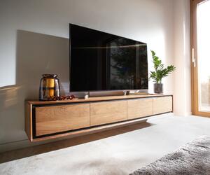 DELIFE TV stolík Stonegrace 200 cm akácia prírodná 4 dvierka kamenná dyha závesný