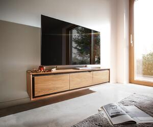 DELIFE TV stolík Stonegrace 145 cm akácia prírodná 3 dvierka kamenná dyha závesný
