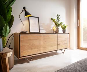 DELIFE Komoda Stonegrace 175 cm akácia prírodná 2 dvierka 3 zásuvky kamenná dyha podstava v tvare V