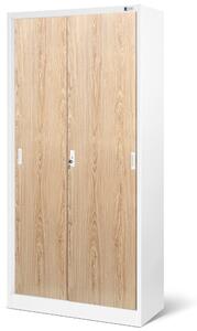 Kovová spisová policová skriňa s posuvnými dverami KUBA, 900 x 1850 x 400 mm, Eco Design: biela/ dub sonoma
