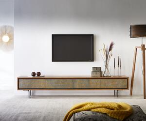 DELIFE TV stolík Juwelo 220 cm akácia prírodná s kamennou dyhou 4 dvierka