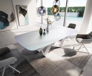 DELIFE Jedálenský stôl Edge zaoblený tvar 240x120 cm reliéfne sklo perleťová 3D dizajn Spider kov biela
