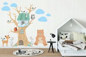 Nálepka na stenu lesný domček so zvieratkami 100 x 200 cm