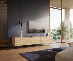 DELIFE TV stolík Cuor 220 cm keramika Laminam® Sabbia v dubovej farbe 1 výklopné dvierka 2 zásuvky podstava závesná akrylové sklo