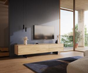 DELIFE TV stolík Cuor 220 cm keramika Laminam® sabbia v dubovej farbe 1 výklopné dvierka 2 zásuvky podstava závesná kov čierna