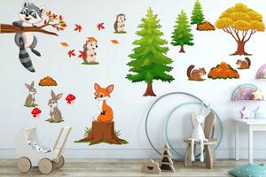 Veselá detská nálepka na stenu zvieratká na jeseň 80 x 160 cm