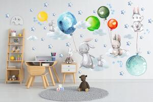 Farebná nálepka do detskej izby zajačikovia na balónoch 60 x 120 cm