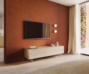 DELIFE TV stolík Cuor 180 cm keramika Laminam® Travertino Bianco krémovo biela 1 výklopné dvierka 2 zásuvky podstava závesná akrylové sklo