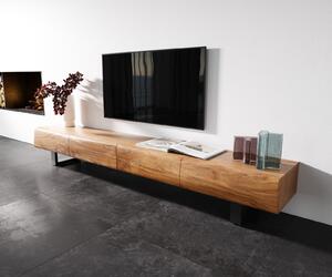 DELIFE TV stolík New Live-Edge 240 cm akácia prírodná 4 zásuvky kovová tenká podstava čierna
