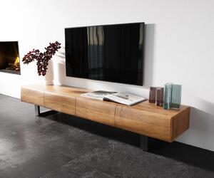 DELIFE TV stolík New Live-Edge 200 cm akácia prírodná 4 dvierka tenká podstava kov čierna