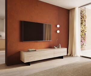 DELIFE TV stolík Cuor 220 cm keramika Laminam® Travertino Bianco krémovo biela 1 výklopné dvierka 2 zásuvky podstava závesná kov čierna
