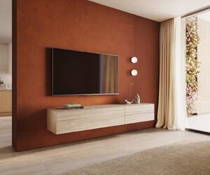 DELIFE TV stolík Cuor 220 cm keramika Laminam® Travertino Bianco krémovo biela 1 výklopné dvierka 2 zásuvky závesné