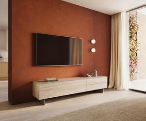 DELIFE TV stolík Cuor 220 cm keramika Laminam® Travertino Bianco krémovo biela 1 výklopné dvierka 2 zásuvky podstava závesná nerezová oceľ