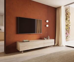 DELIFE TV stolík Cuor 220 cm keramika Laminam® Travertino Bianco krémovo biela 1 výklopné dvierka 2 zásuvky podstava závesná akrylové sklo