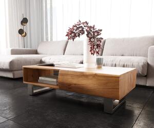DELIFE Konferenčný stolík New Live-Edge 115x60 cm akácia prírodná 2 zásuvky 1 priehradka tenká podstava nerezová oceľ kefovaná