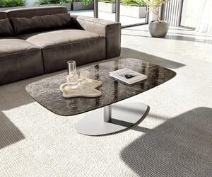 DELIFE Konferenčný stolík Edge zaoblený tvar 120x70 cm keramika Laminam® Emperador Extra Lucidato tmavohnedá Vibany nerezová oceľ kefovaná