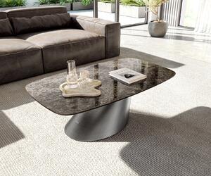 DELIFE Konferenčný stolík Edge zaoblený 120x70 cm keramika Laminam® Emperador Extra Lucidato tmavohnedá Conis metalická strieborná