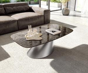 DELIFE Konferenčný stolík Edge zaoblený 120x70 cm keramika Laminam® Emperador Extra Lucidato tmavohnedá konická nerezová oceľ kefovaná