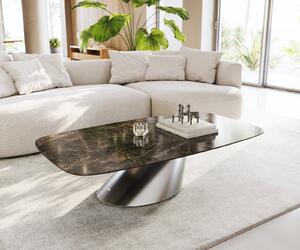 DELIFE Konferenčný stolík Edge oválny 140x80 cm keramika Laminam® Emperador Extra Lucidato tmavohnedá kužeľová nerezová oceľ kefovaná