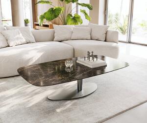 DELIFE Konferenčný stolík Edge zaoblený 140x80 cm keramika Laminam® Emperador Extra Lucidato tmavohnedá Vibany nerezová oceľ kefovaná